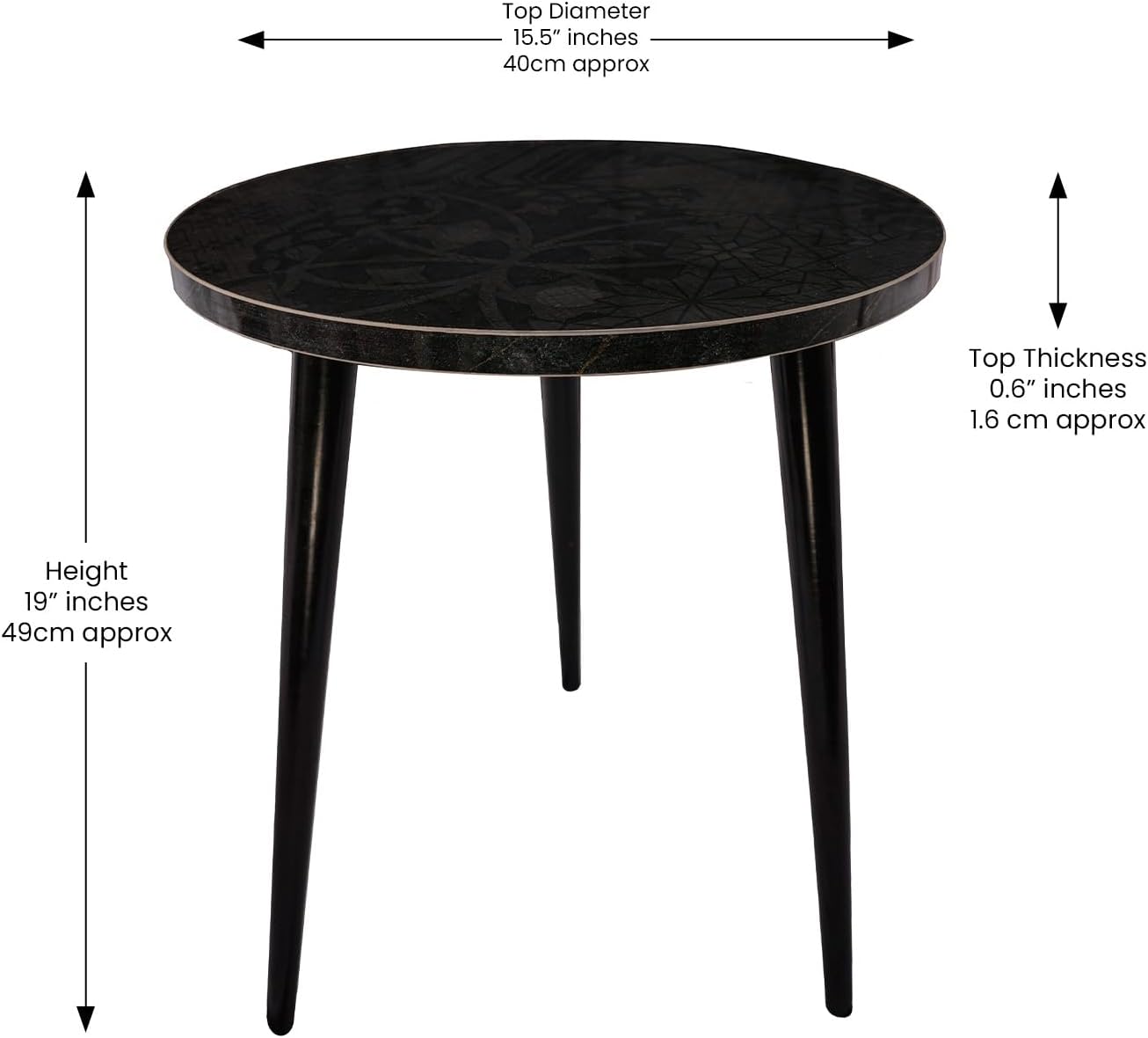USHAZ Round Side Table - Small Side Table Living Room, End Table, Round Coffee Table 40(D) x 49(H) CM - (Black Floral)